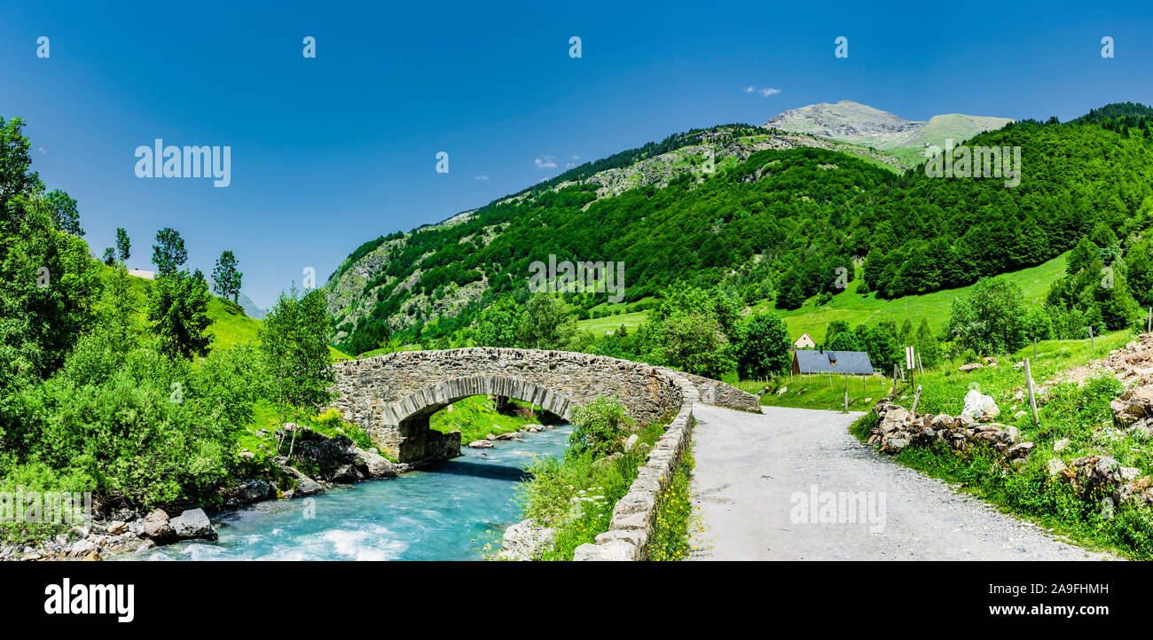 Bridge over the Gave de Gavarnie, French Pyrenees Stock Photo