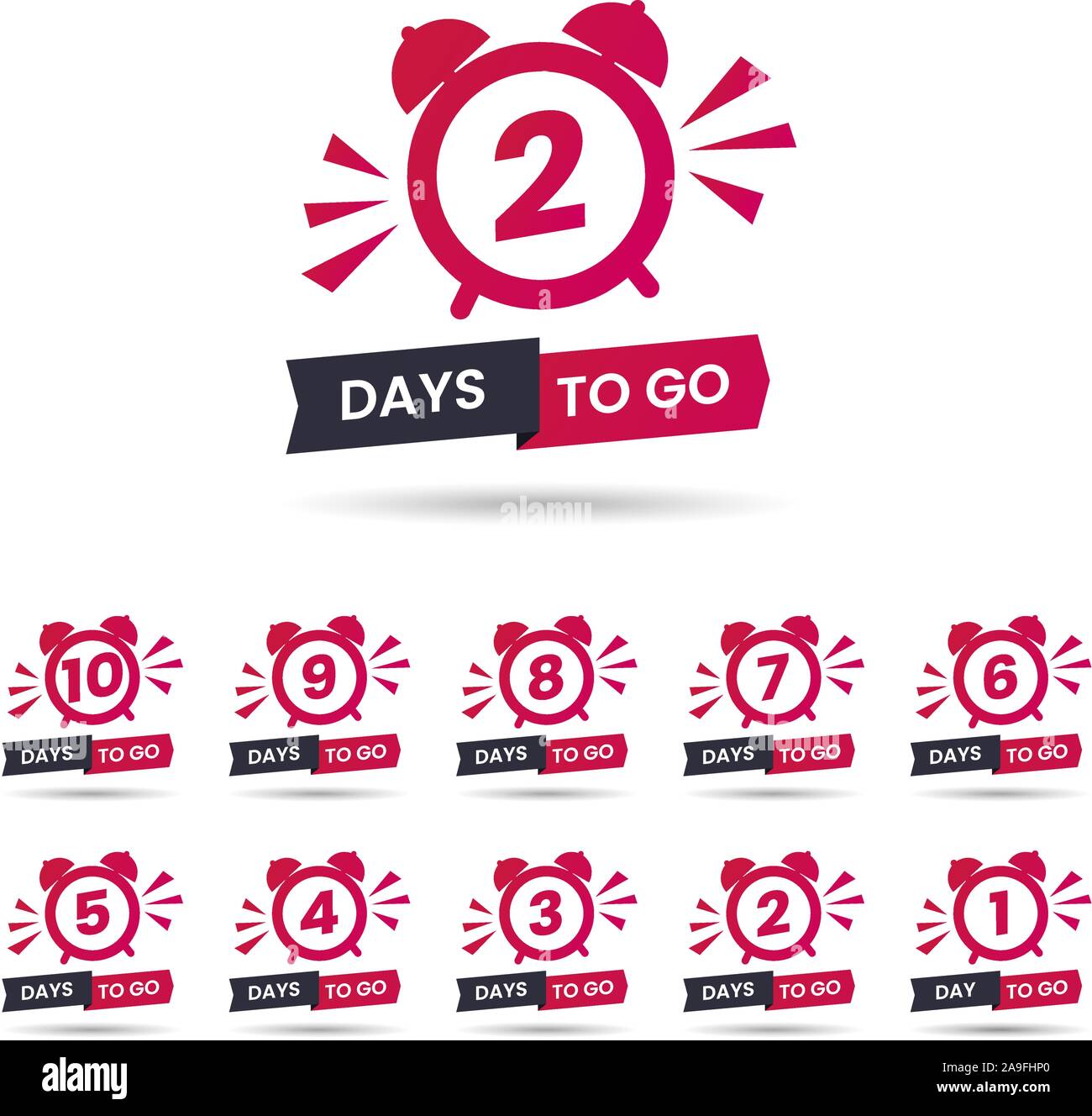Set of red promo offer. Sale banner with countdown clock and text - 1 2 3 4 5 6 7 8 9 10 days to go. Sale tag with days to go words. Flat vector illus Stock Vector