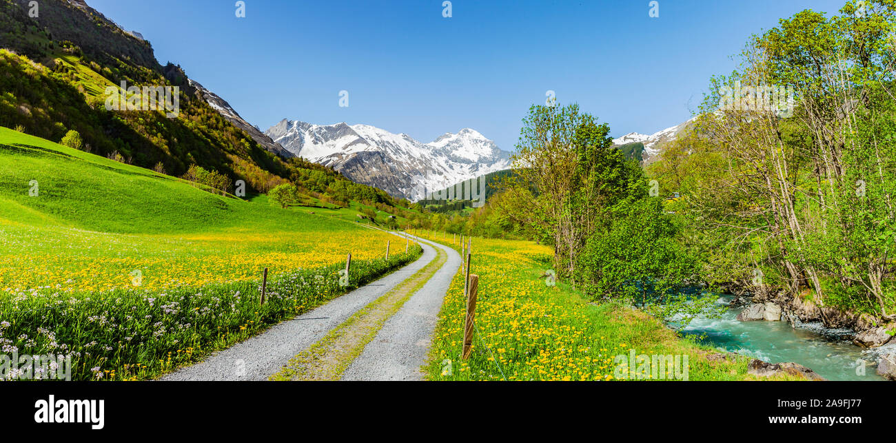 Hiking trail in the swiss mountains Stock Photo