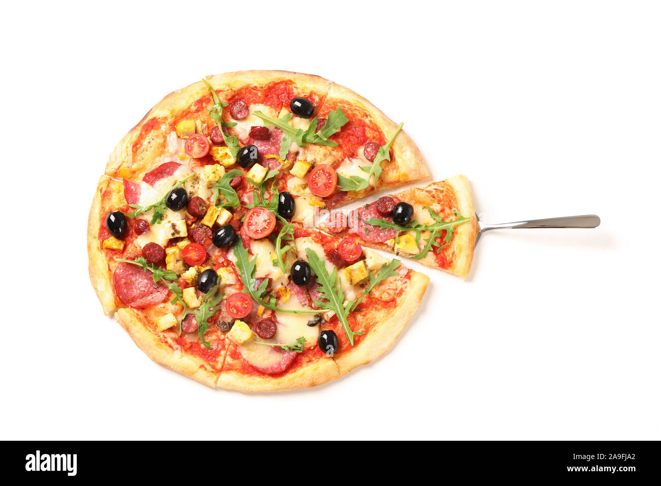 Pizza shovel and tasty pizza isolated on white background Stock Photo