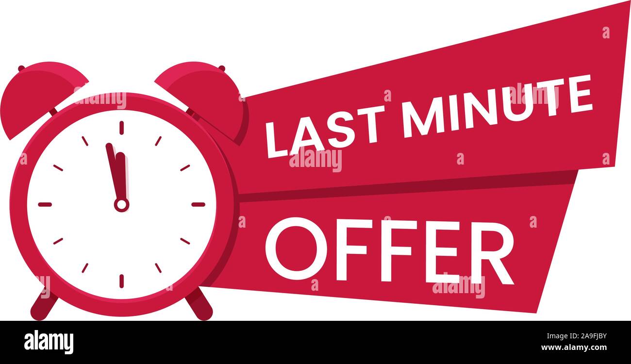 Last minute limited offer with clock for sale promo, button, logo or banner  or red background. Hurry up sale label with time countdown for limited offer  sale or exclusive deal. Special offer