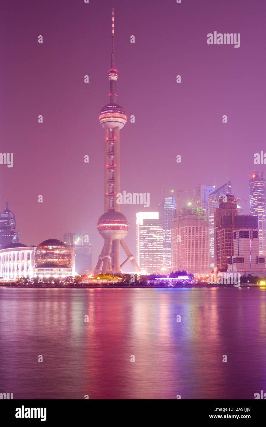 Shanhai, China - Skyline of Lujiazui and Pudong with the Oriental Pearl Tower, across the Huangpu river. Stock Photo