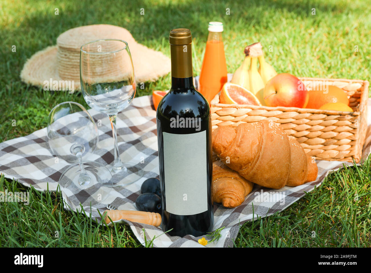 Picnic composition with wine and food against green grass, space for