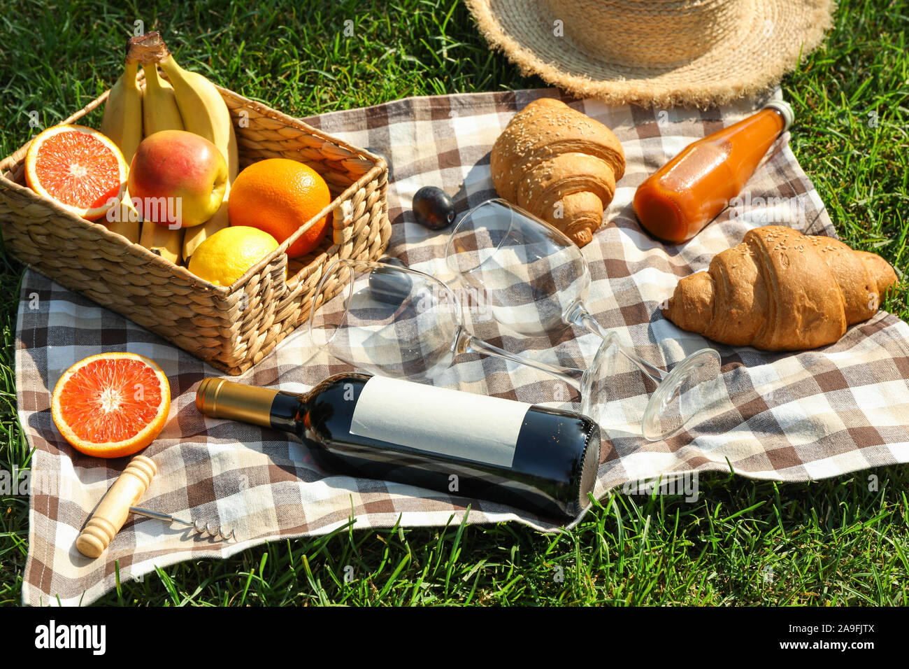 Picnic composition with wine and food against green grass. Empty space