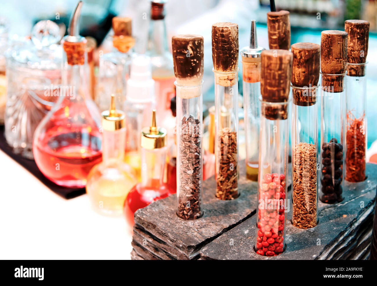 Spices and bitters on bar counter, toned Stock Photo Alamy
