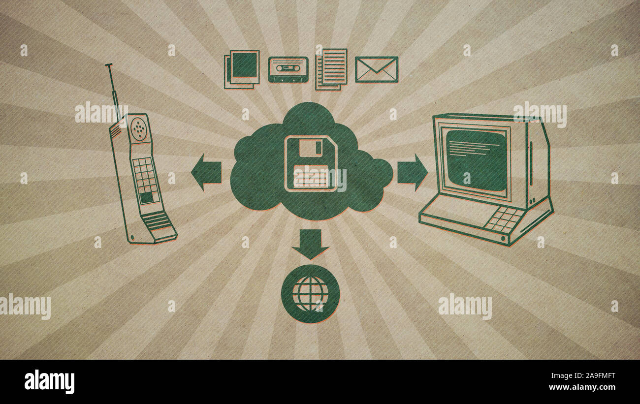 Old school cloud storage technology: vintage computer, telephone and multimedia connecting to a floppy disk Stock Photo