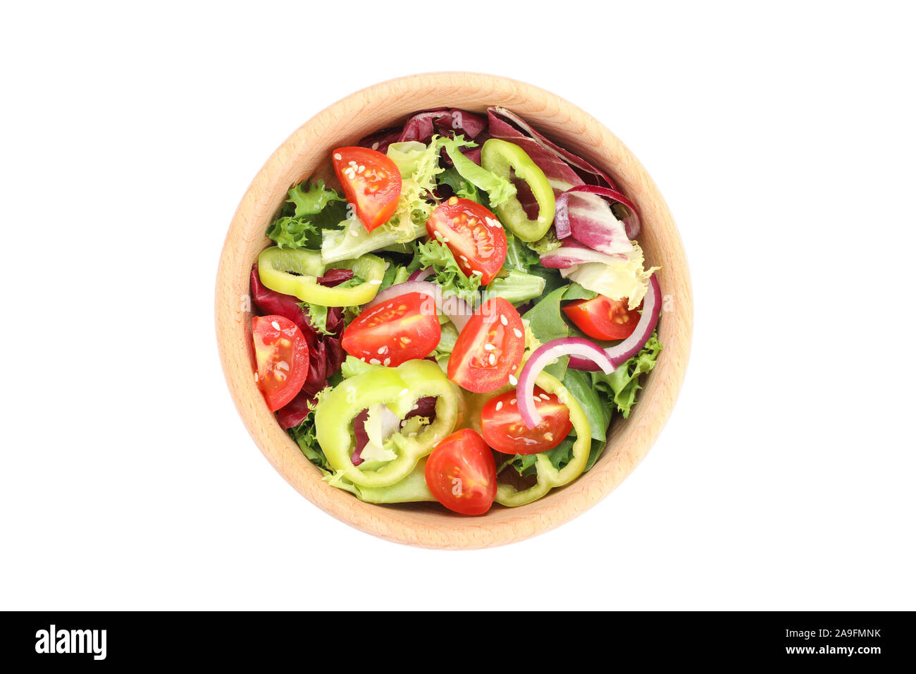 Wooden bowl with fresh salad isolated on white background Stock Photo ...