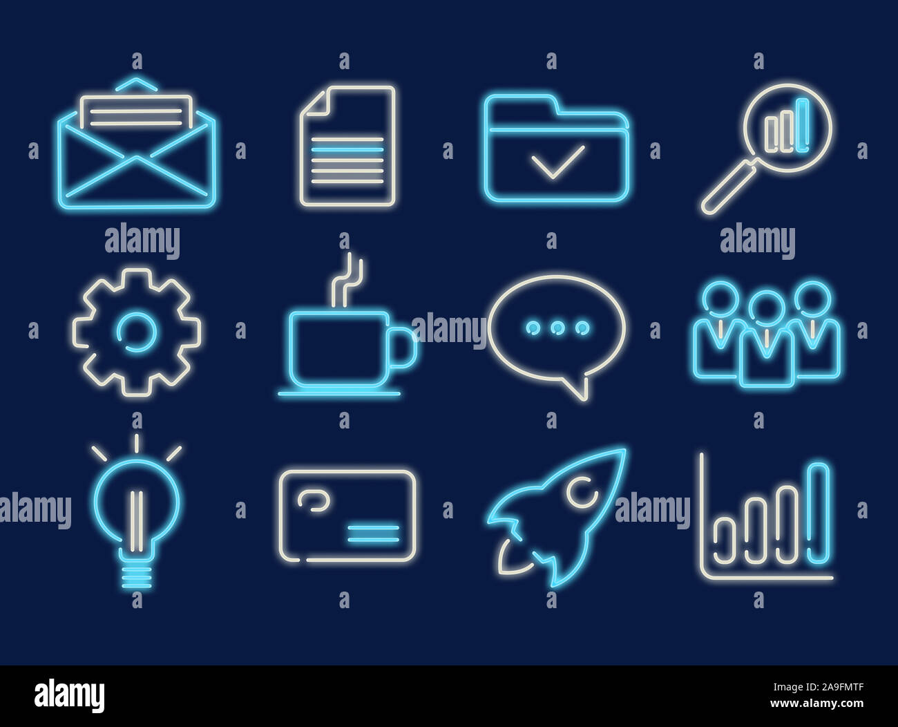 Set of business and technology neon icons on blue background Stock Photo