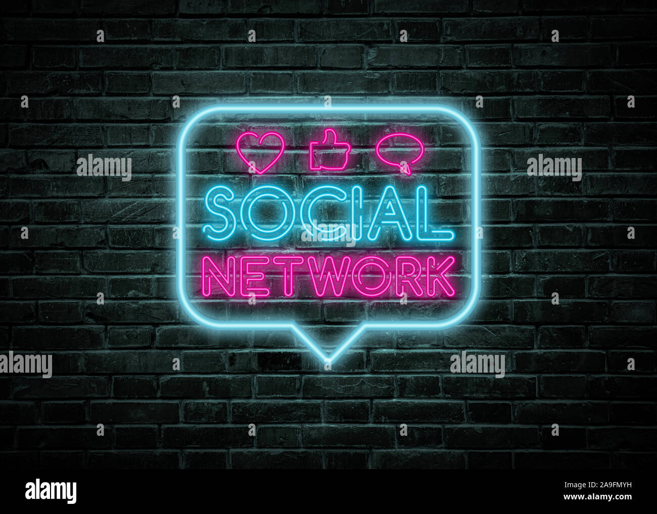 Social network vintage neon sign with icons, communication and technology concept Stock Photo