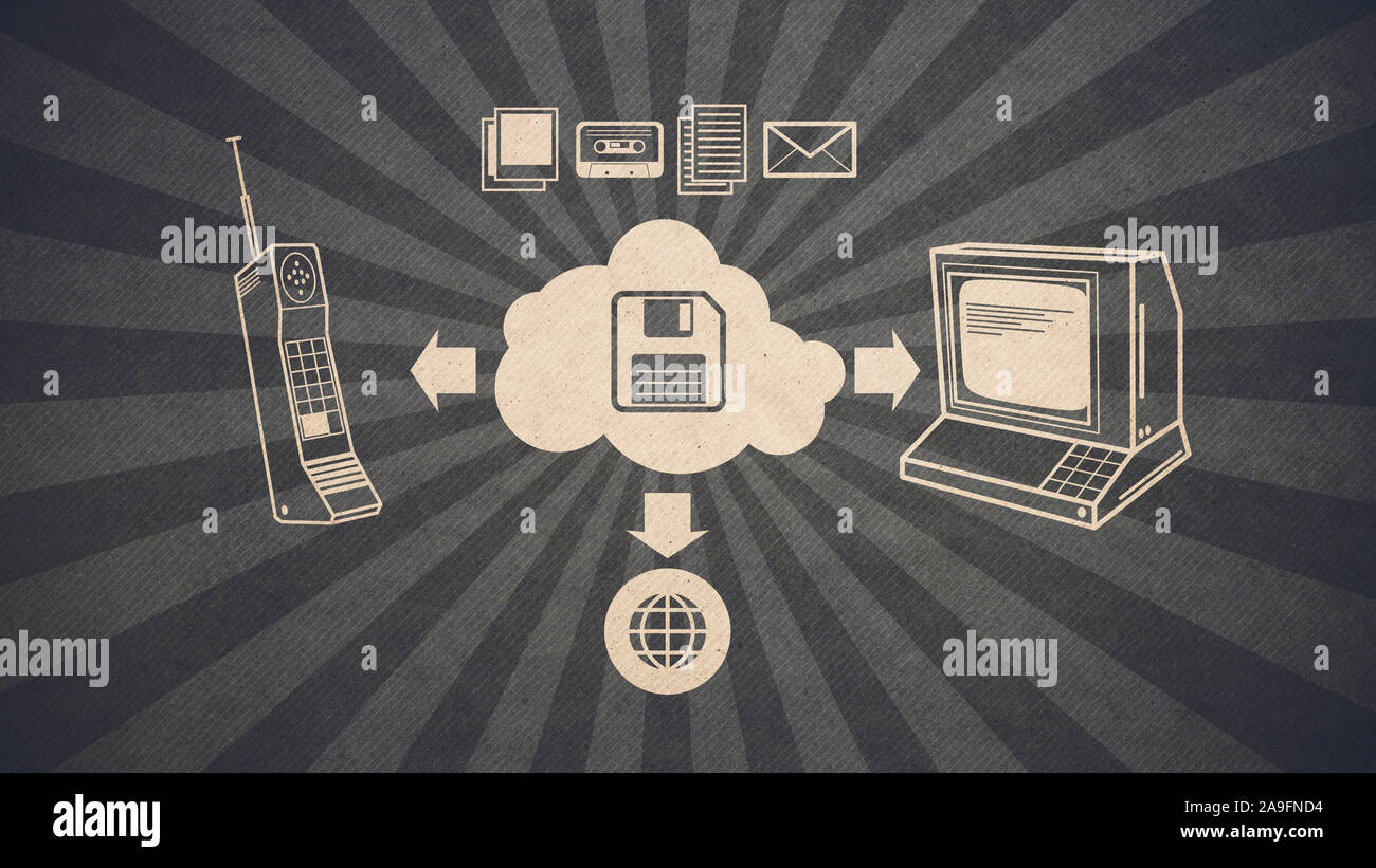 Old school cloud storage technology: vintage computer, telephone and multimedia connecting to a floppy disk Stock Photo