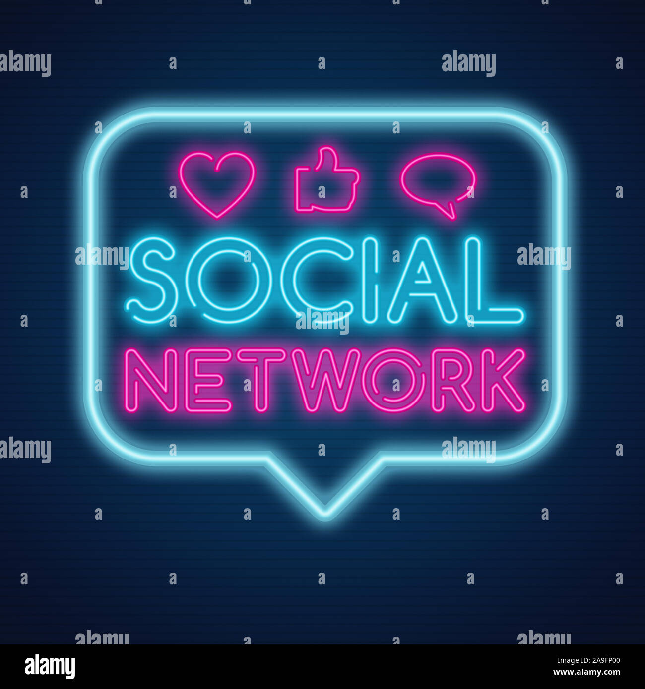 Social network vintage neon sign with icons, communication and ...