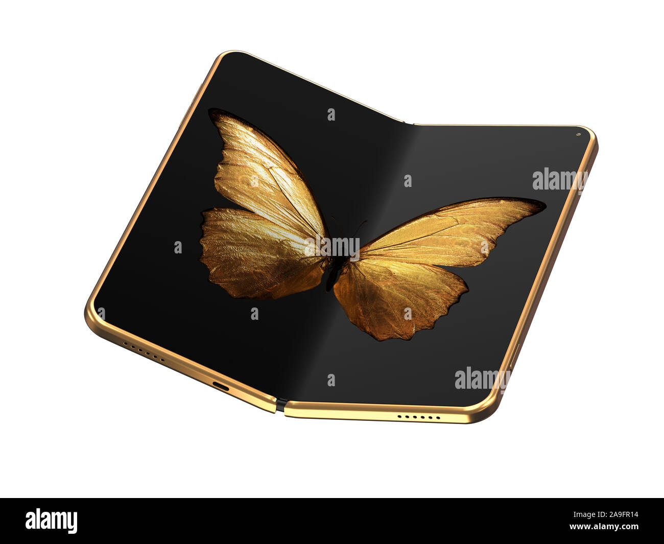 Concept of foldable smartphone folding on the longer side with golden butterfly image on screen. Flexible smartphone isolated on white background. 3D Stock Photo