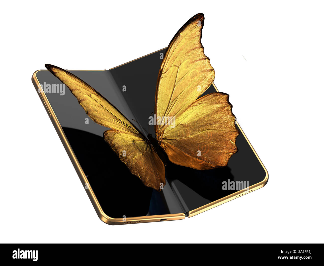 Concept of foldable smartphone folding on the longer side with golden butterfly sitting on the screen. Flexible smartphone isolated on white backgroun Stock Photo
