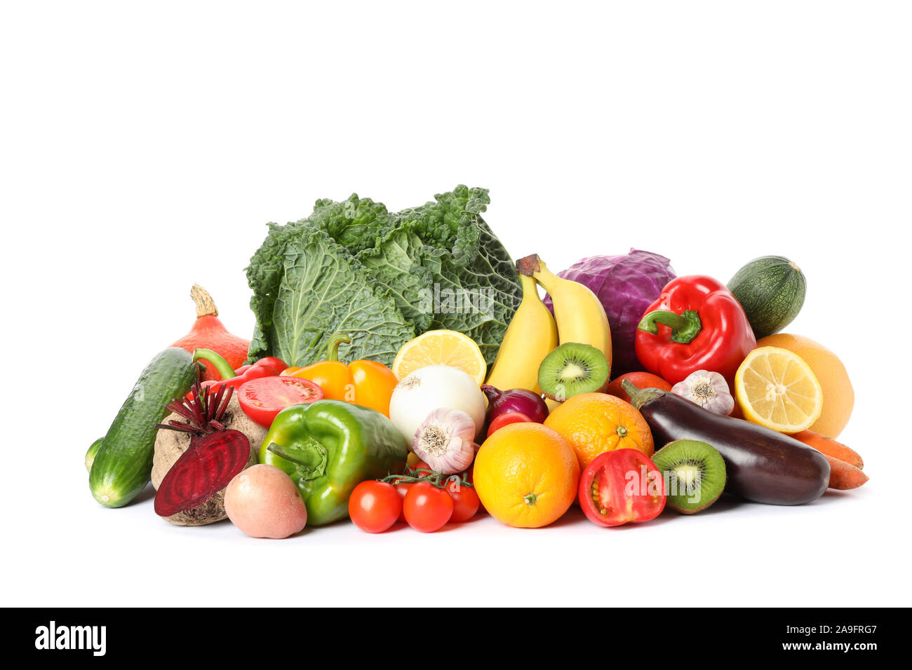 Pile of fresh vegetables and fruits isolated on white background Stock