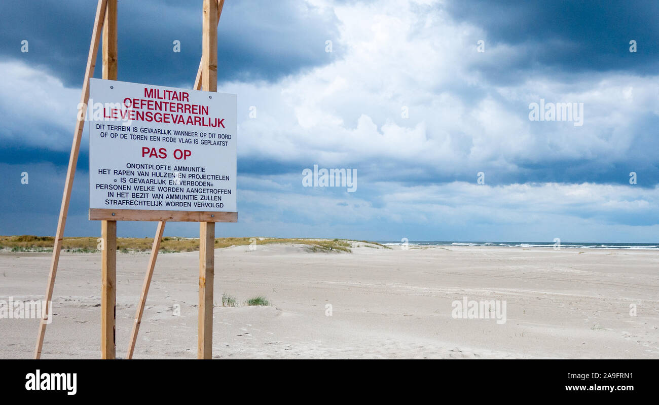 Military training ground warning sign in Vlieland  The Netherlands Stock Photo