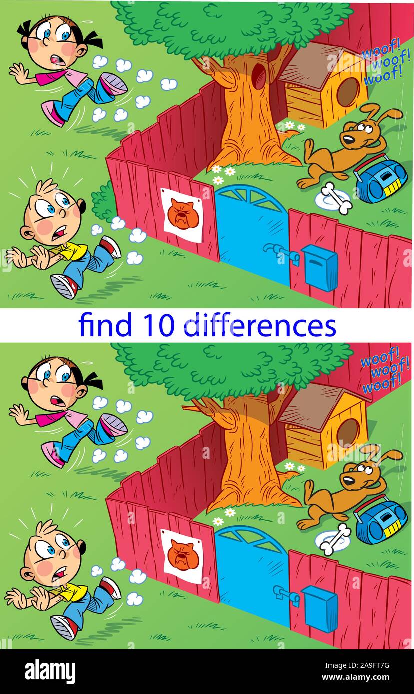 In the vector illustration is a puzzle in which it is necessary to find differences in pictures with children and the dog that guards the yard. Stock Vector