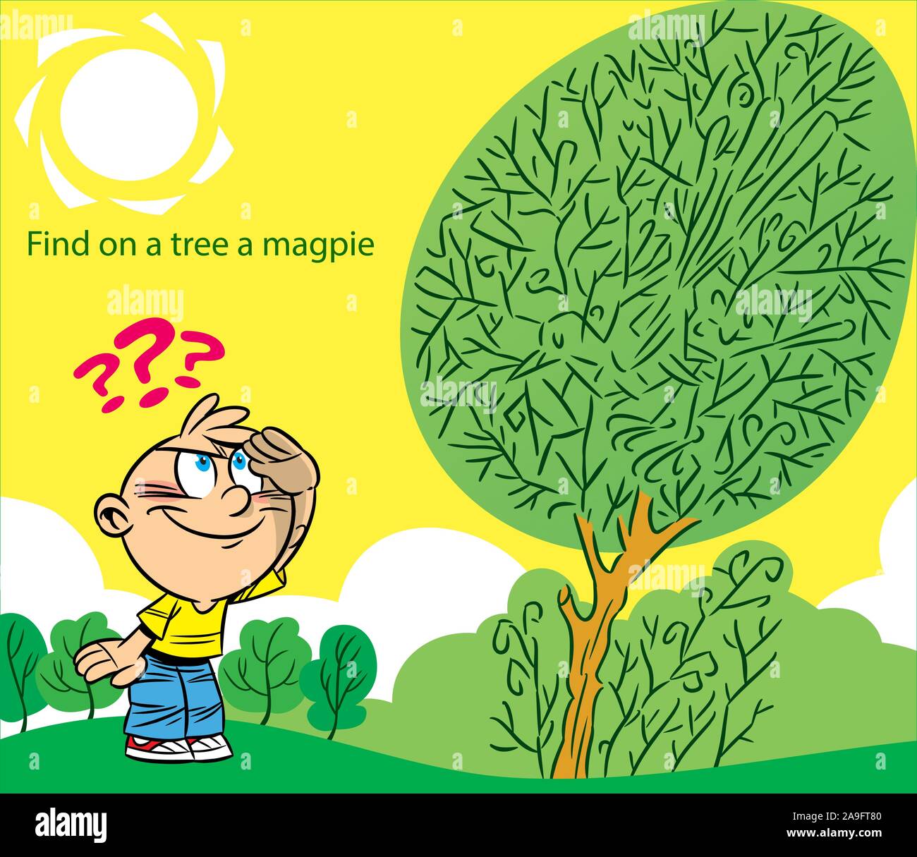 In the vector illustration, a puzzle where you need to help child find a magpie among the lines on a tree Stock Vector
