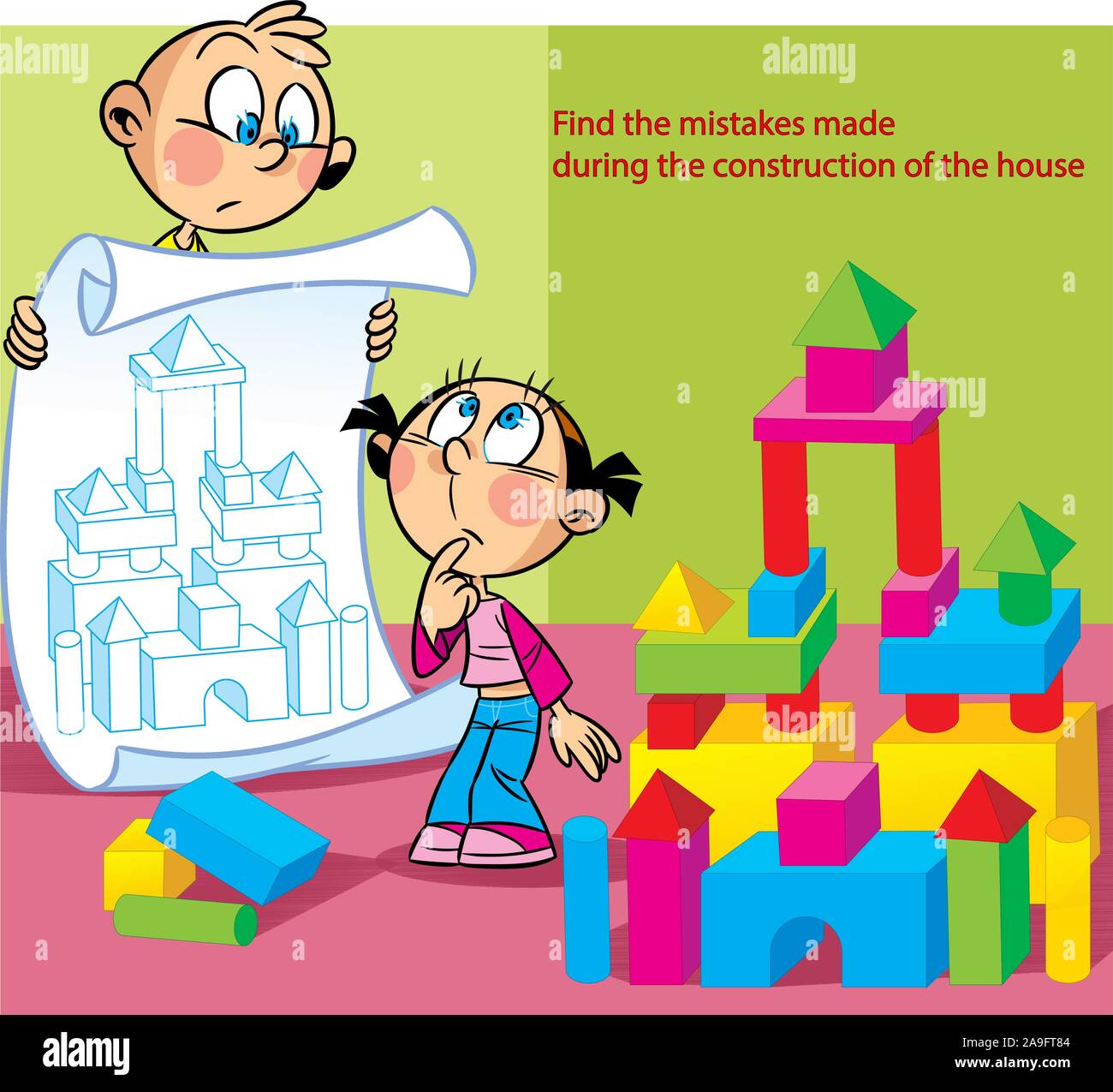 In the vector illustration, a puzzle in which a boy and a girl build a toy house out of cubes. It is necessary to find the mistakes made by children. Stock Vector