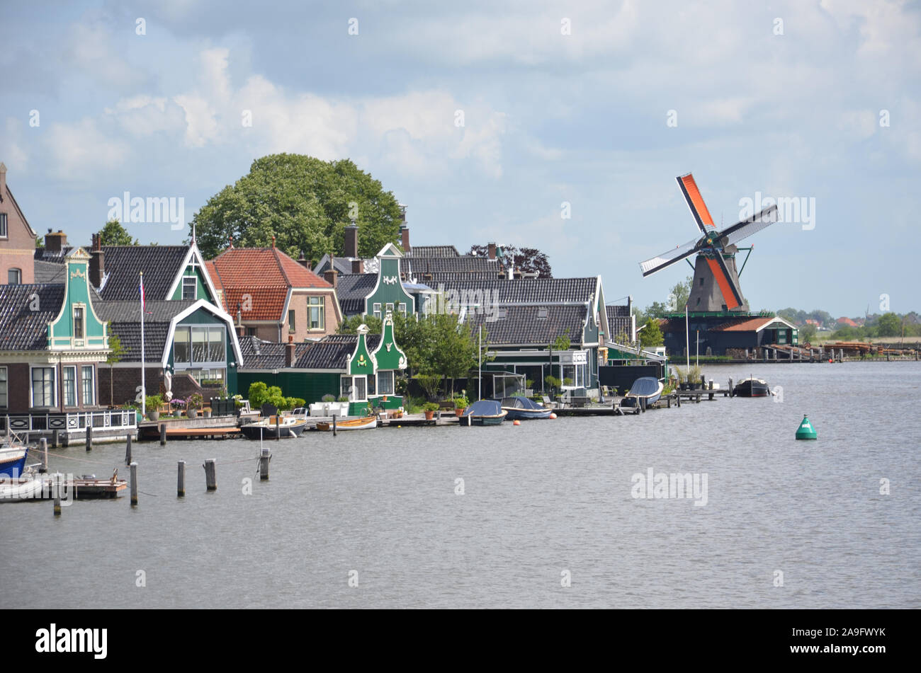 Traditional Dutch Buildings on the River Zaan, Zaanse Schans Stock Photo