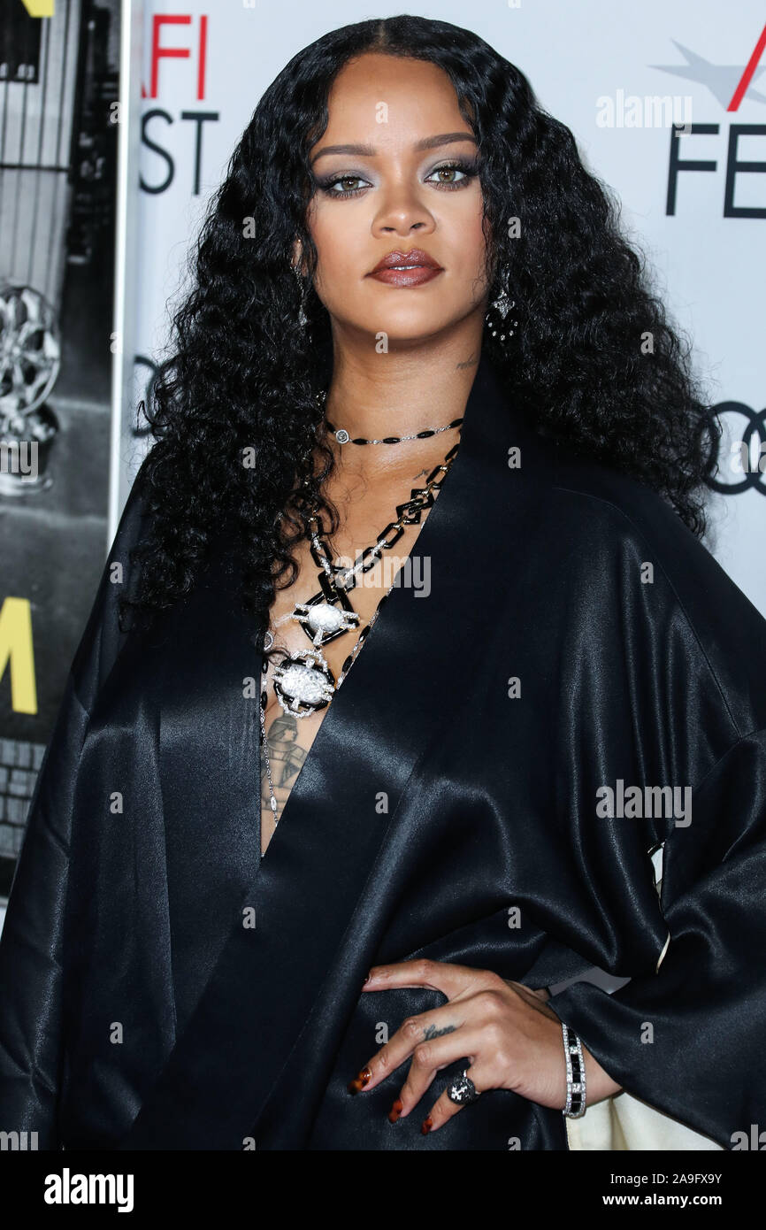 Hollywood, United States. 14th Nov, 2019. HOLLYWOOD, LOS ANGELES, CALIFORNIA, USA - NOVEMBER 14: Singer Rihanna wearing a John Galliano evening coat from William Vintage along with a necklace and bracelets by David Webb arrives at the AFI FEST 2019 - Opening Night Gala - Premiere Of Universal Pictures' 'Queen And Slim' held at the TCL Chinese Theatre IMAX on November 14, 2019 in Hollywood, Los Angeles, California, United States. (Photo by Xavier Collin/Image Press Agency) Credit: Image Press Agency/Alamy Live News Stock Photo