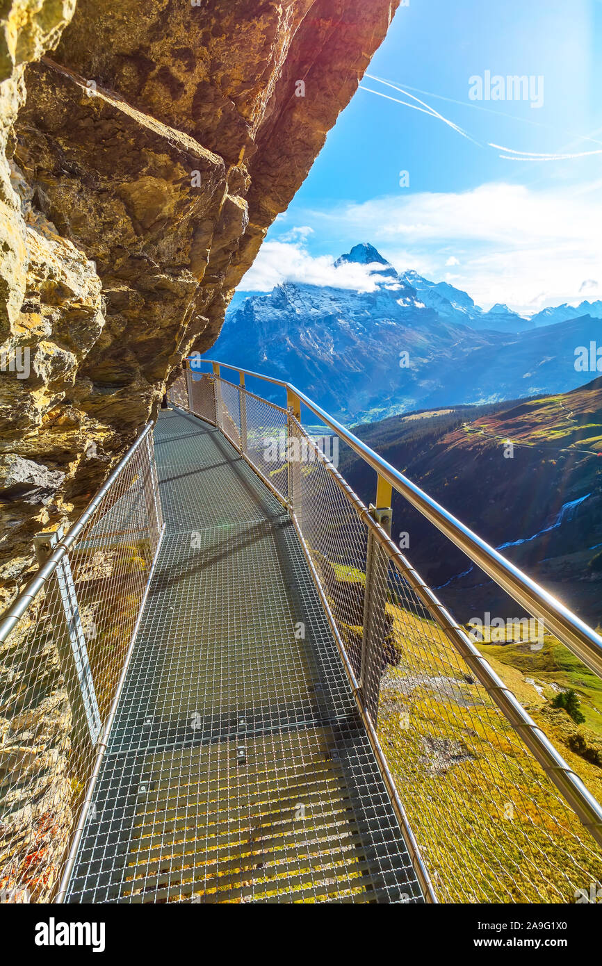 Grindelwald, Switzerland landmark sky cliff walk metal bridge at First peak  of Swiss Alps mountain, snow peaks panorama, Bernese Oberland, Europe Stock  Photo - Alamy