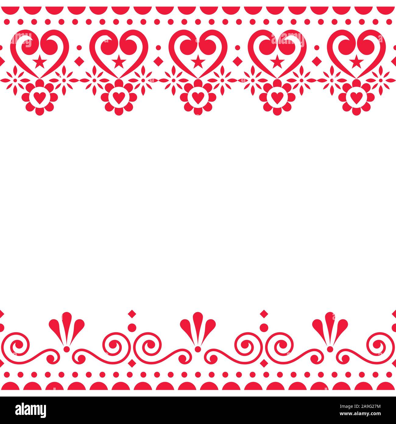 Valentine's Day vector greeting card design or wedding inviatation - Scandinavian traditional embroidery folk art style with flowers Stock Vector