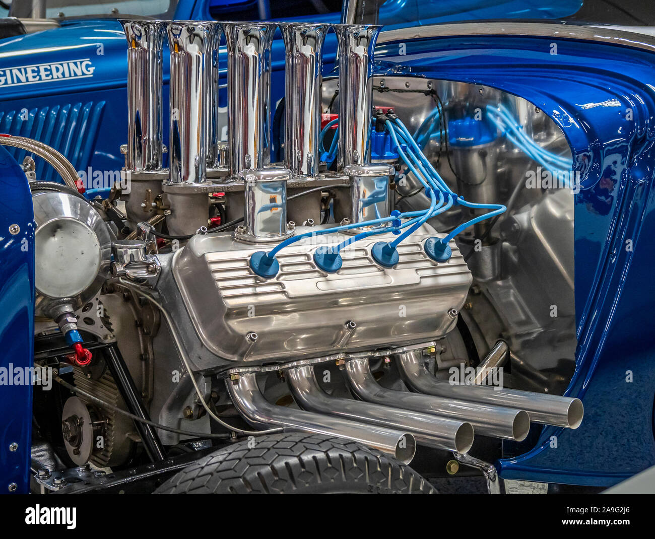 Chrome covered powerful hot rod car engines Stock Photo