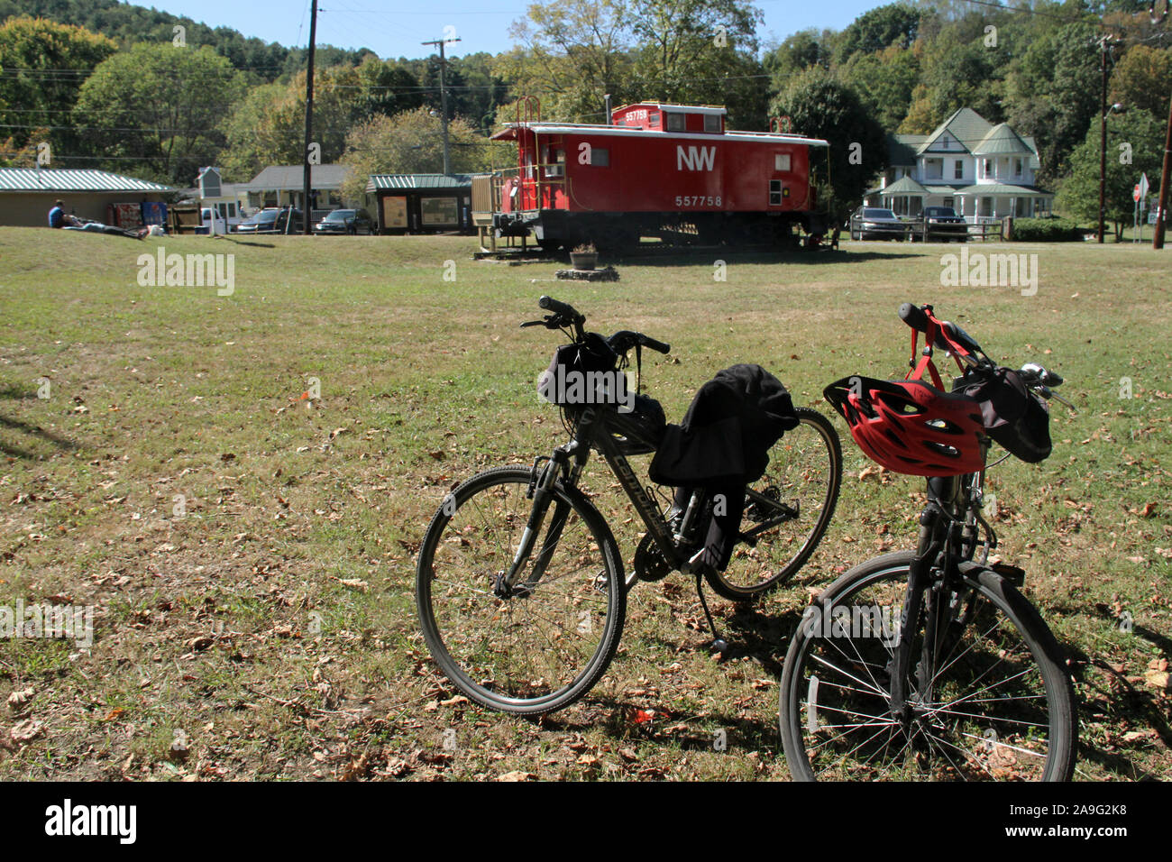 Damascus, VA, USA. Cyclists' stop on the Virginia Creeper Trail. Historical caboose seen in the