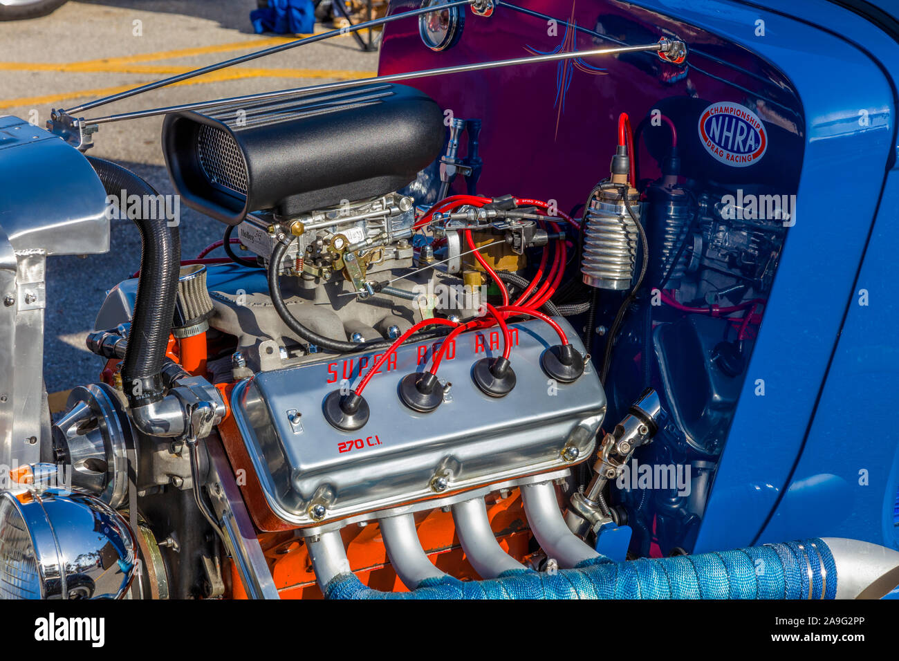 Chrome covered powerful hot rod car engines Stock Photo