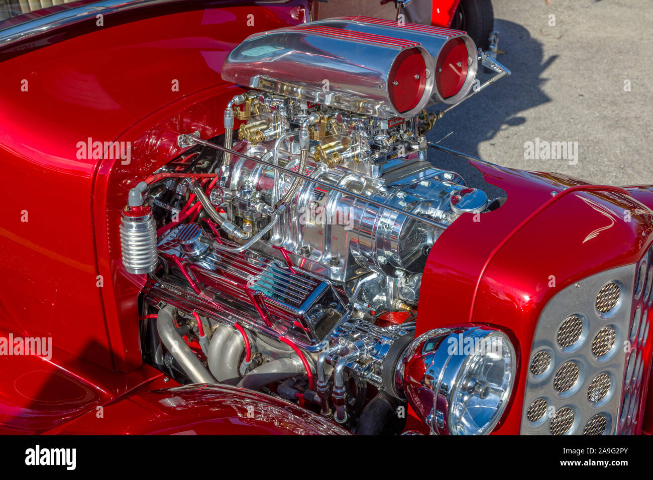 Chrome covered powerful hot rod car engines Stock Photo