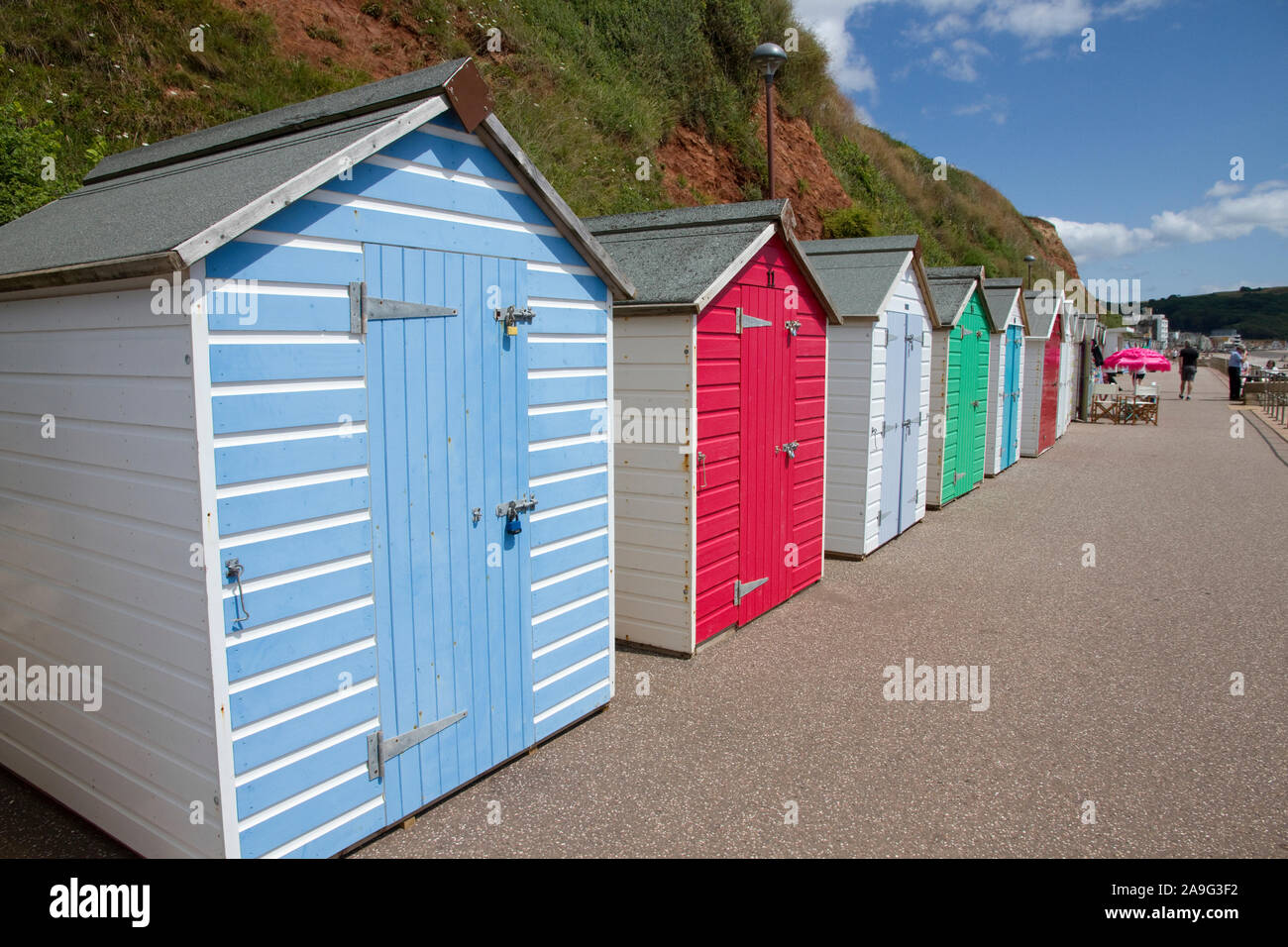 Promenade and beach huts, Seaton, Devon, England, UK Stock Photo