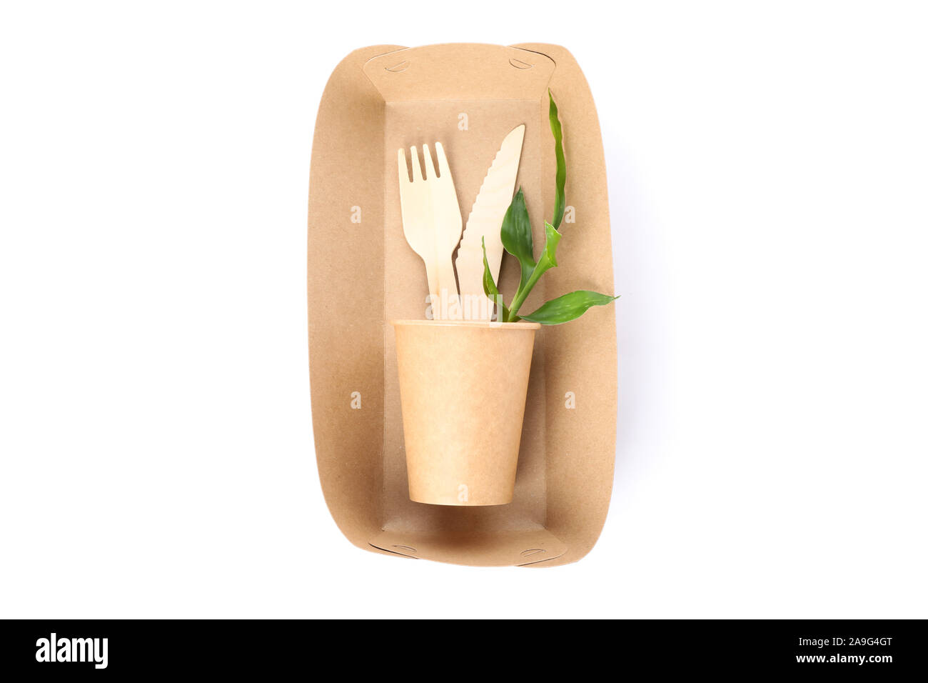 Eco - friendly food container, fork, knife, plant and cup isolated on ...
