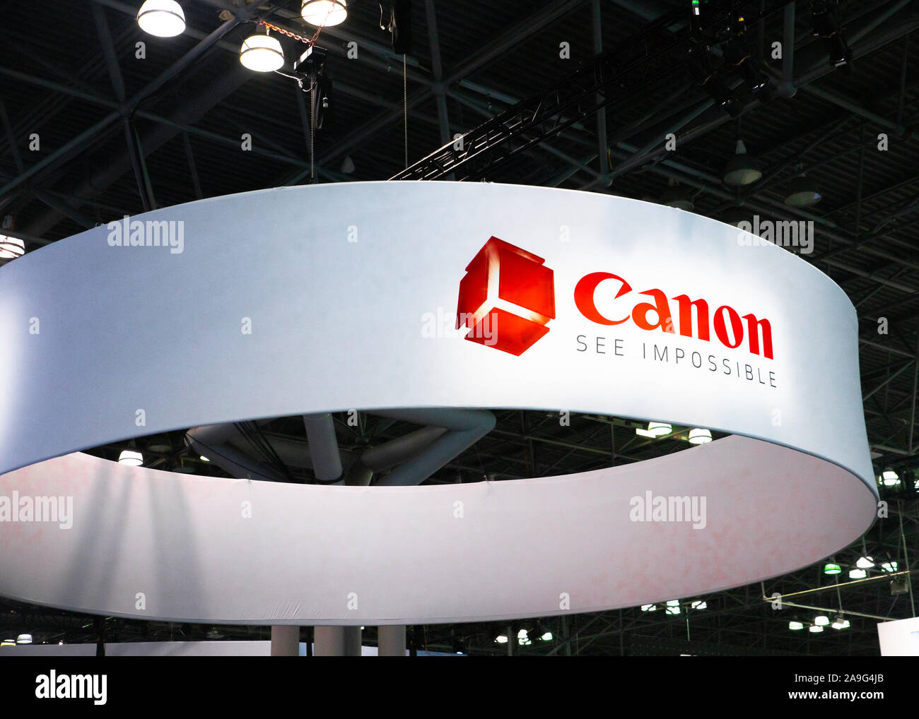 NEW YORK CITY - OCTOBER 24, 2019:  View of the Canon Camera display at the 2019 PhotoPlus Expo in New York City, Stock Photo