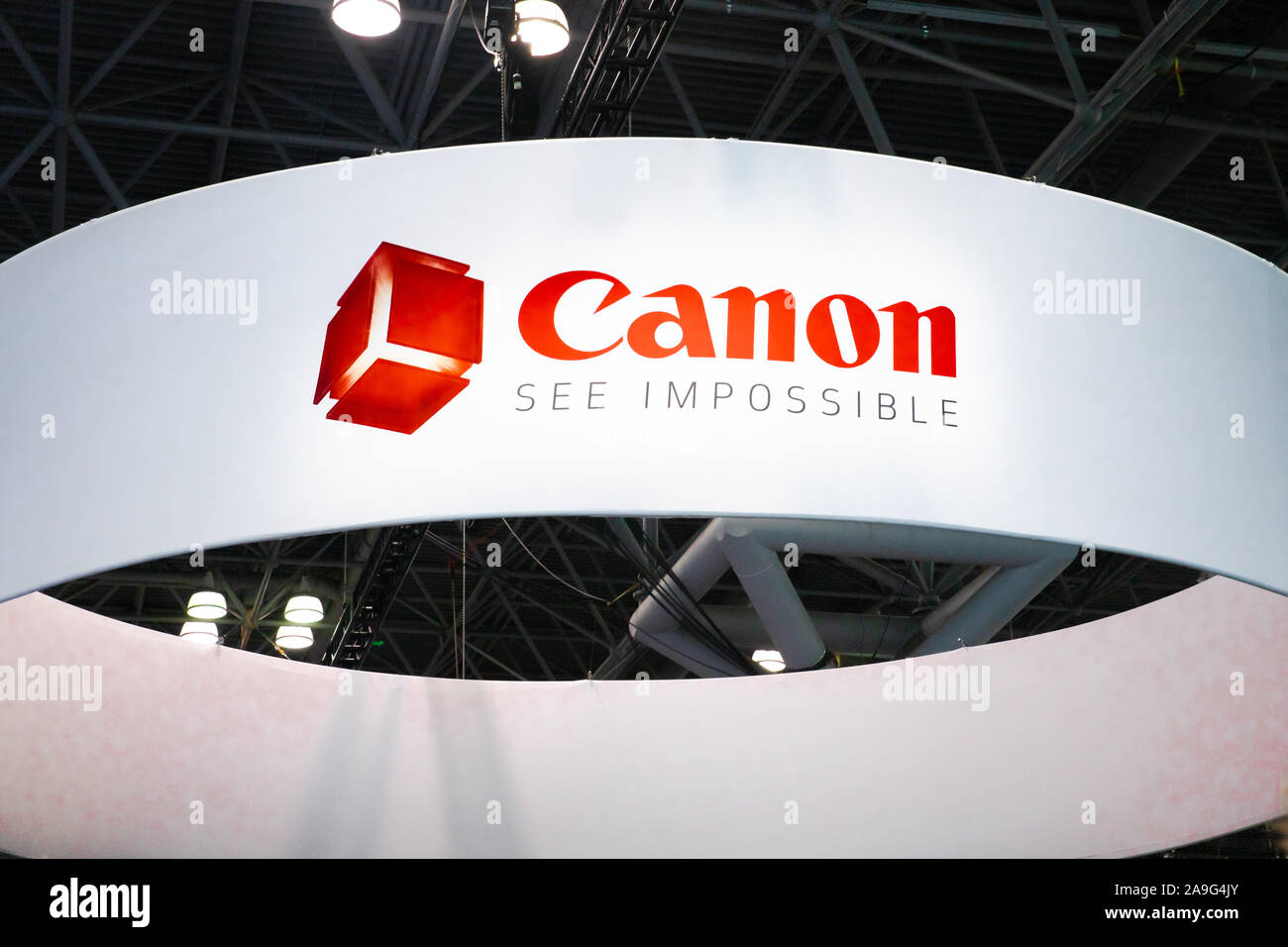 NEW YORK CITY - OCTOBER 24, 2019:  View of the Canon Camera display at the 2019 PhotoPlus Expo in New York City, Stock Photo