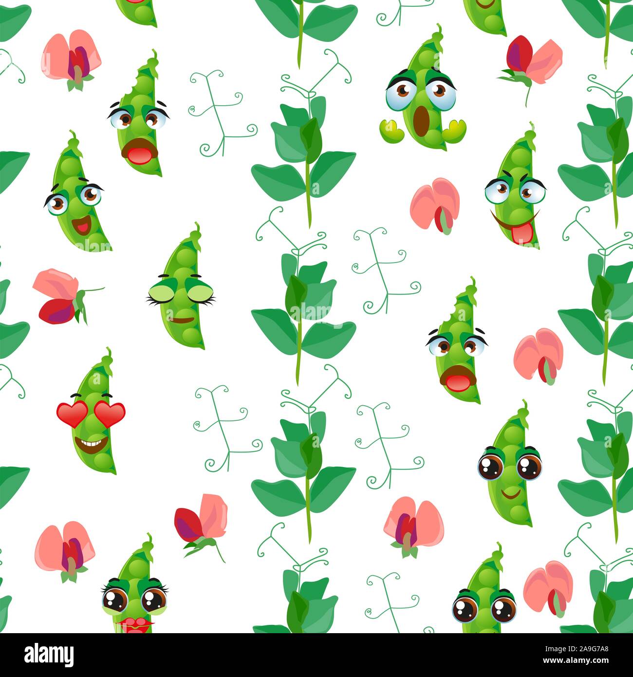 Cute seamless pattern with cartoon green pea Stock Vector