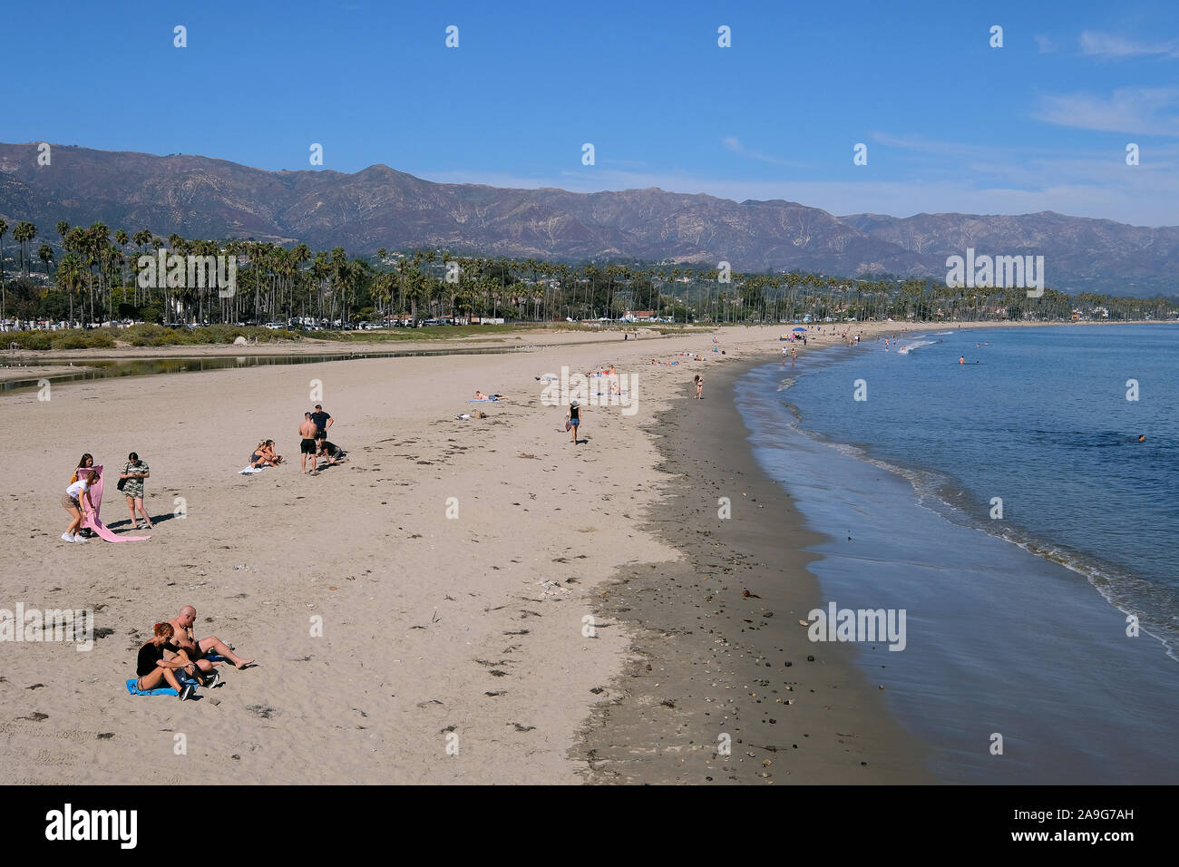 Beach of Santa Barbara with Santa Ynes Mountains, California, USA Stock Photo