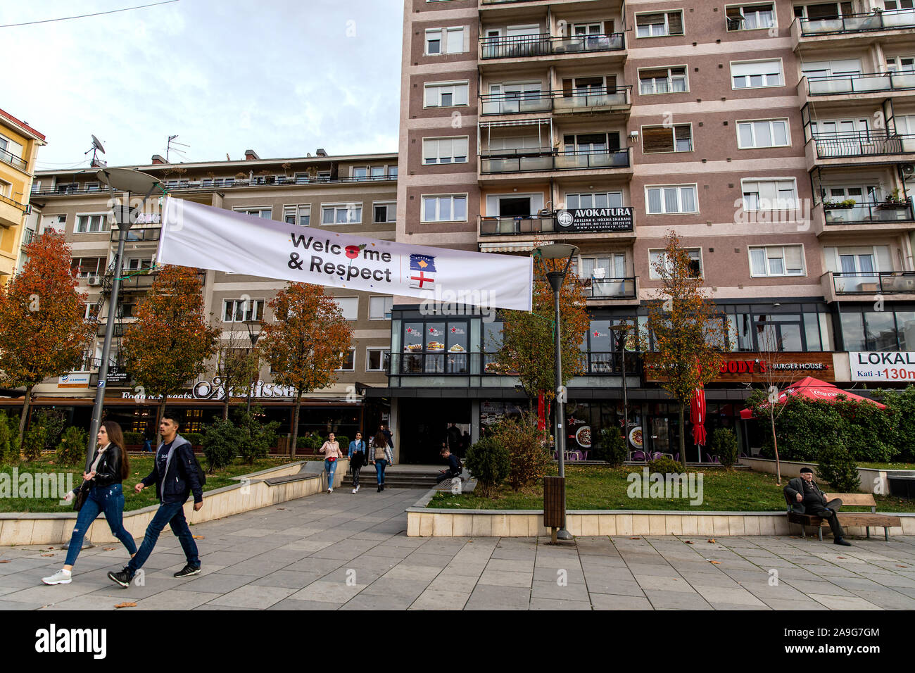 General view of welcome and respect banners in Pristina due the role in Kosovo's war in Pristina, Kosovo. Stock Photo