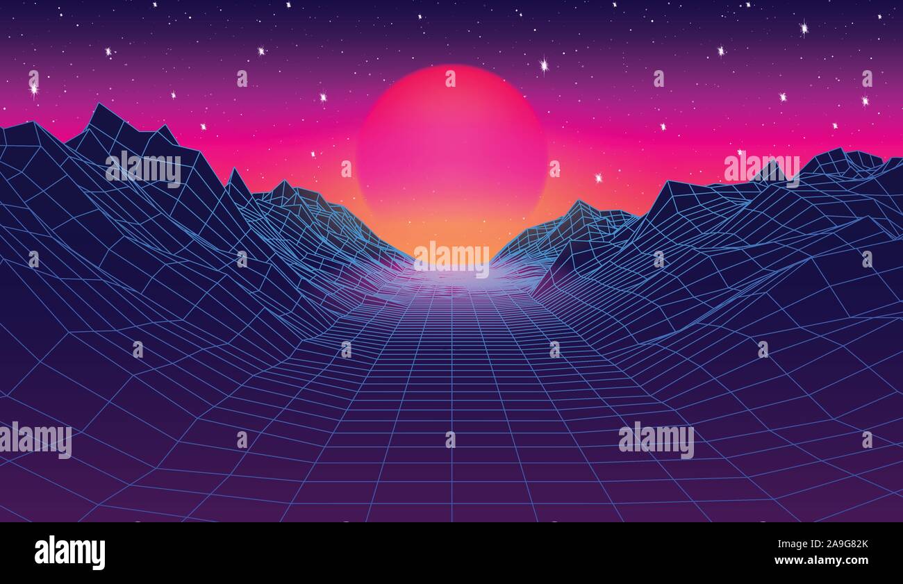 80s synthwave styled landscape with blue grid mountains and sun over ...
