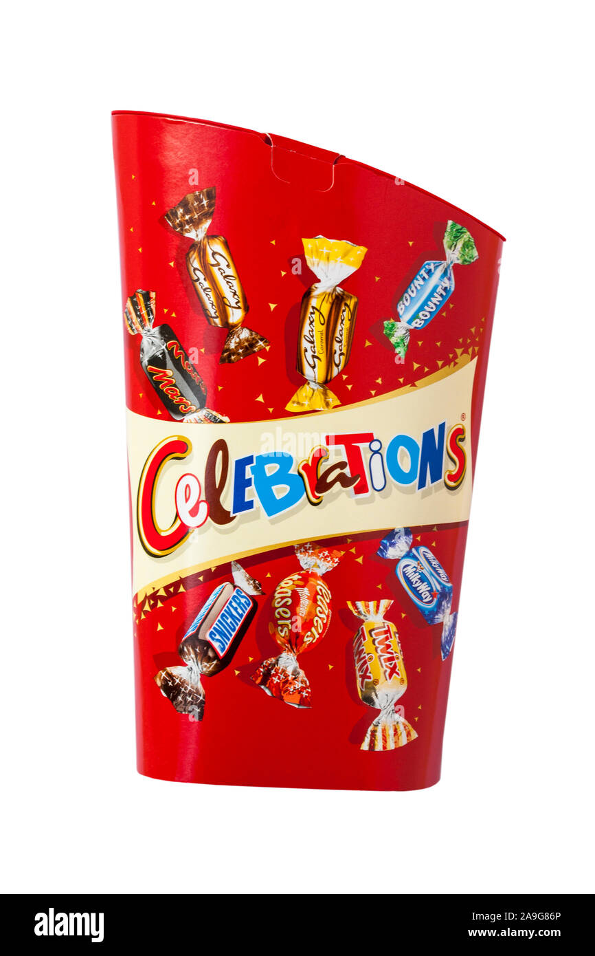 Box of Celebrations chocolates isolated on white background Stock Photo