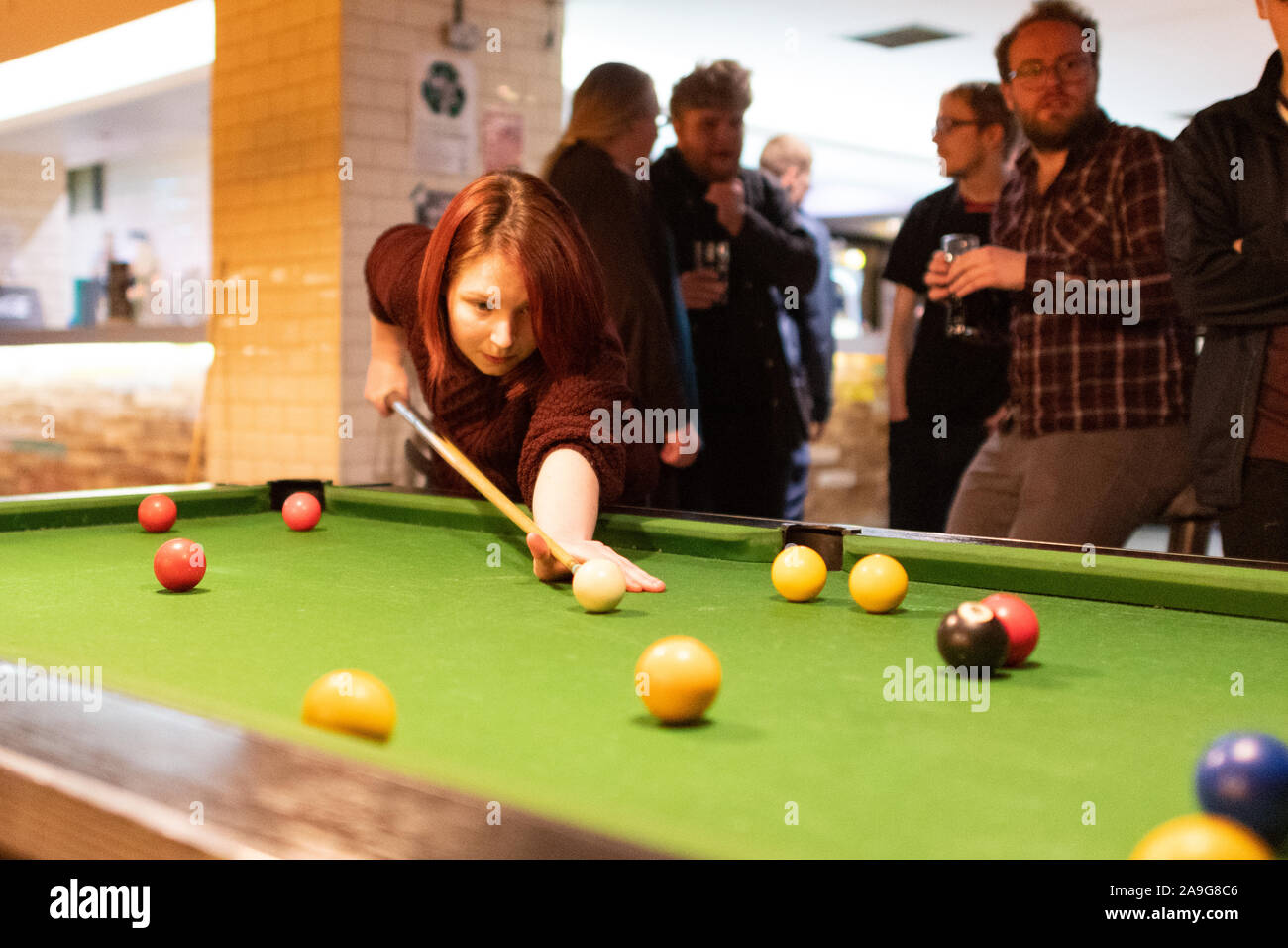 Strathclyde University Student Union, Glasgow, Scotland, UK. 15th Nov, 2019. Scottish Green Party co leader Patrick Harvie MSP plays pool with Kayla-Megan Burns Vice President Community at Strathclyde University. Ahead of the meeting Patrick said 'Young people's voices are being ignored in this election, which is unforgivable' Credit: Kay Roxby/Alamy Live News Stock Photo