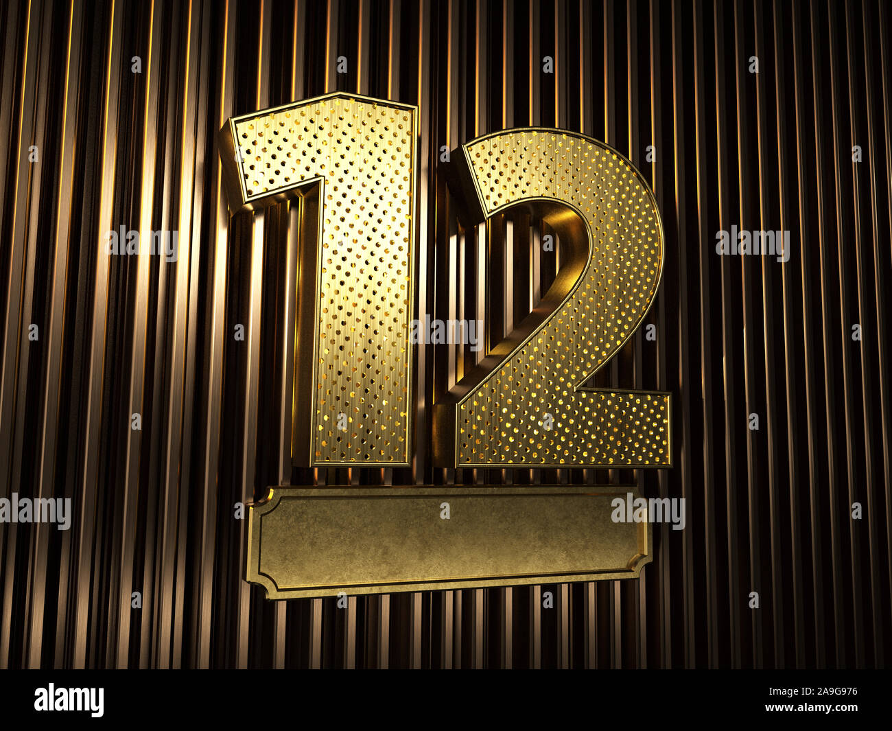 number 12 (number twelve) perforated with small holes on the background of metal pieces with the plate for personalized inscriptions. 3D illustration Stock Photo