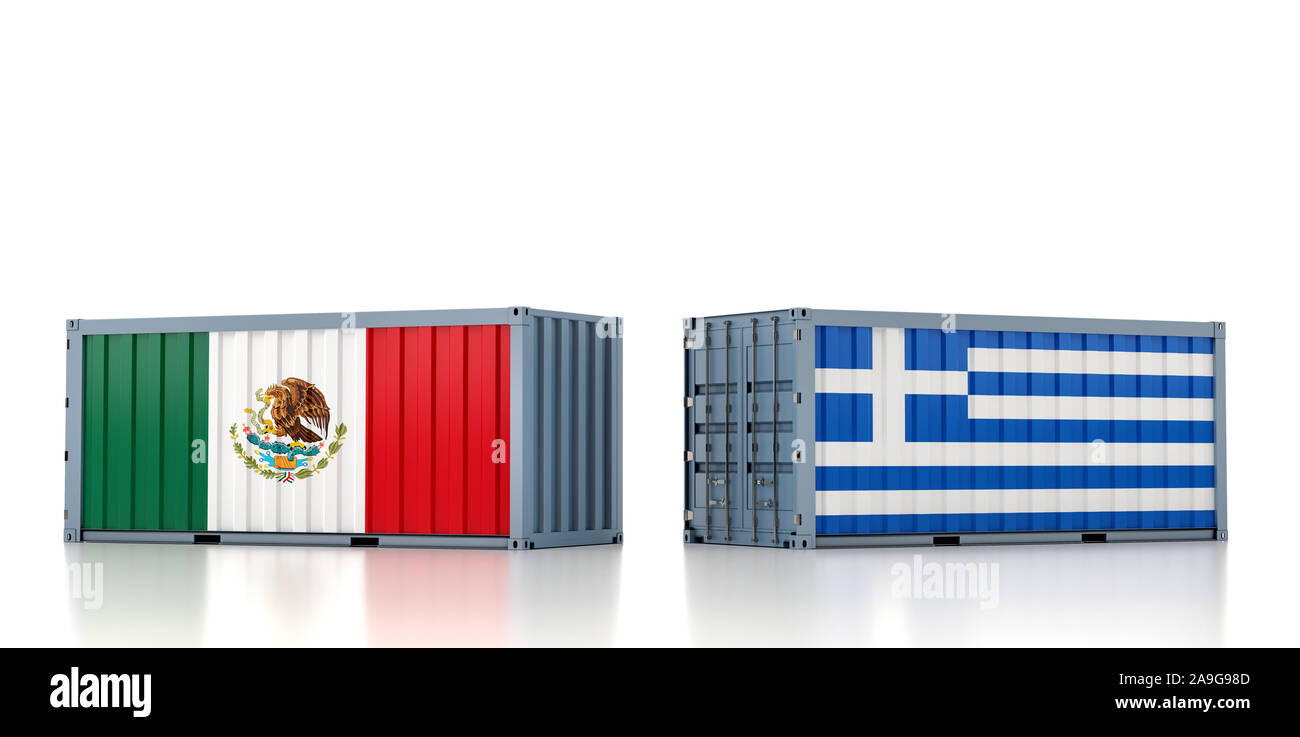 Two freight container with Mexico and Greece flag. 3d rendering Stock Photo