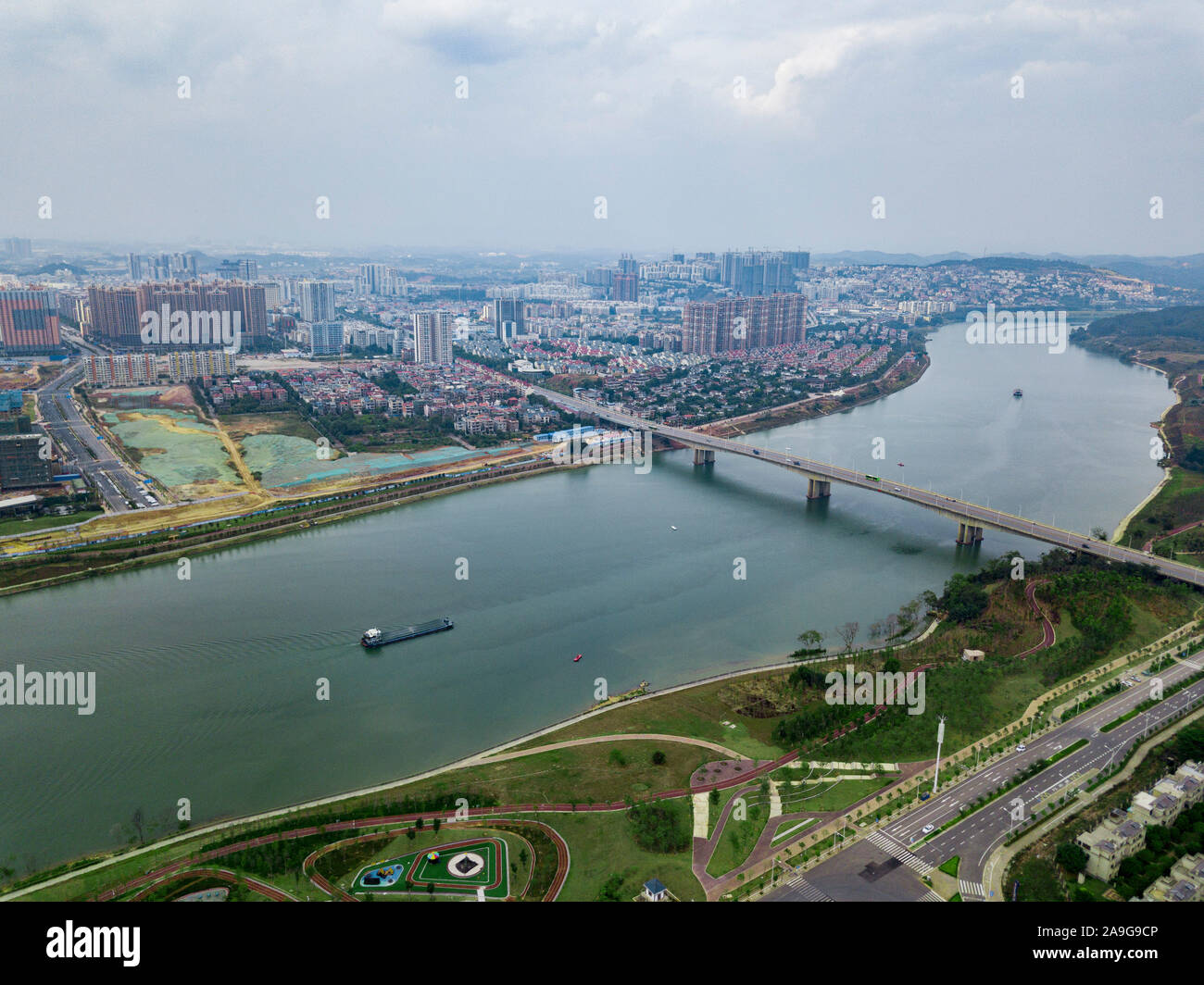 Aerial photos of high-rise buildings and parks along the river Stock ...