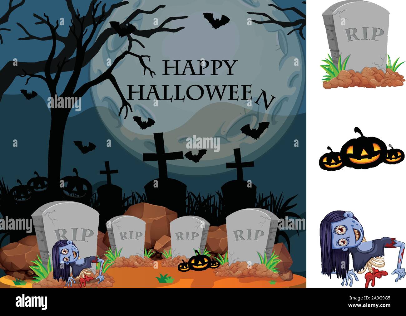Halloween theme with zombie in graveyard illustration Stock Vector ...