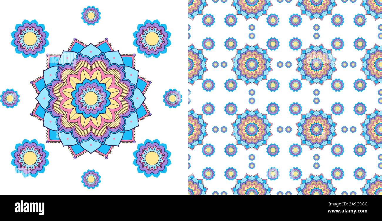Seamless design with colorful mandalas pattern illustration Stock ...