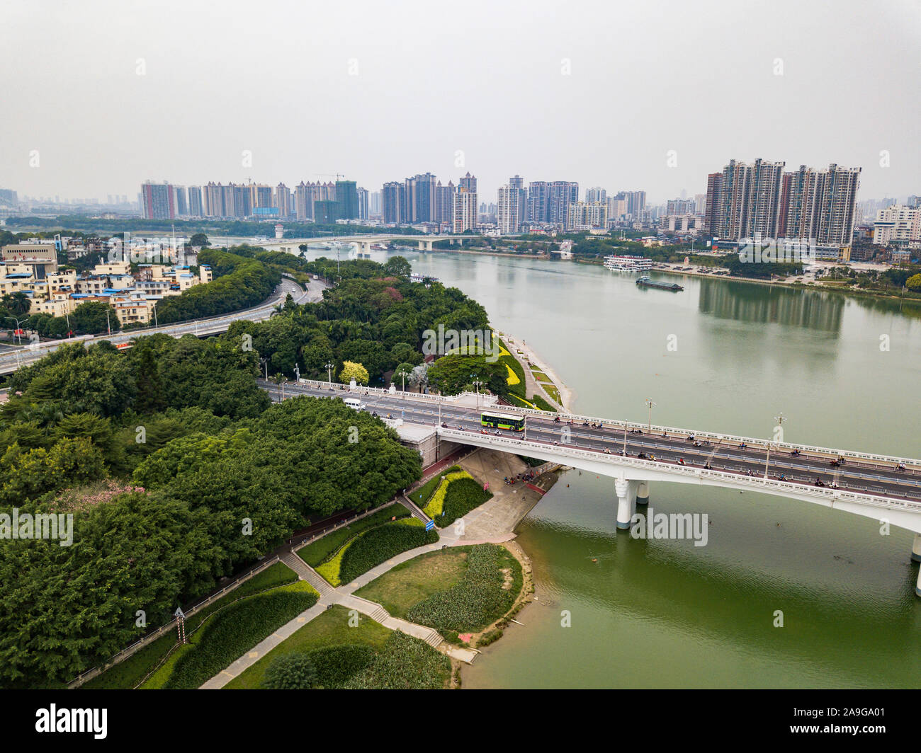 Aerial photos of the river crossing bridge and high-rise buildings ...