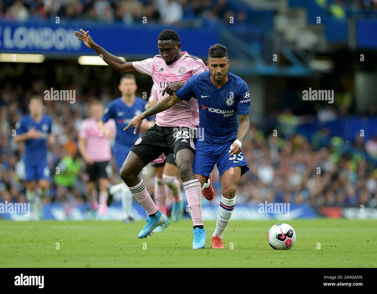 Emerson Palmieri of Chelsea clashes with Wilfred Ndidi of Leicester City during the Chelsea vs Leicester City Premier League match at Stamford Bridge Stock Photo