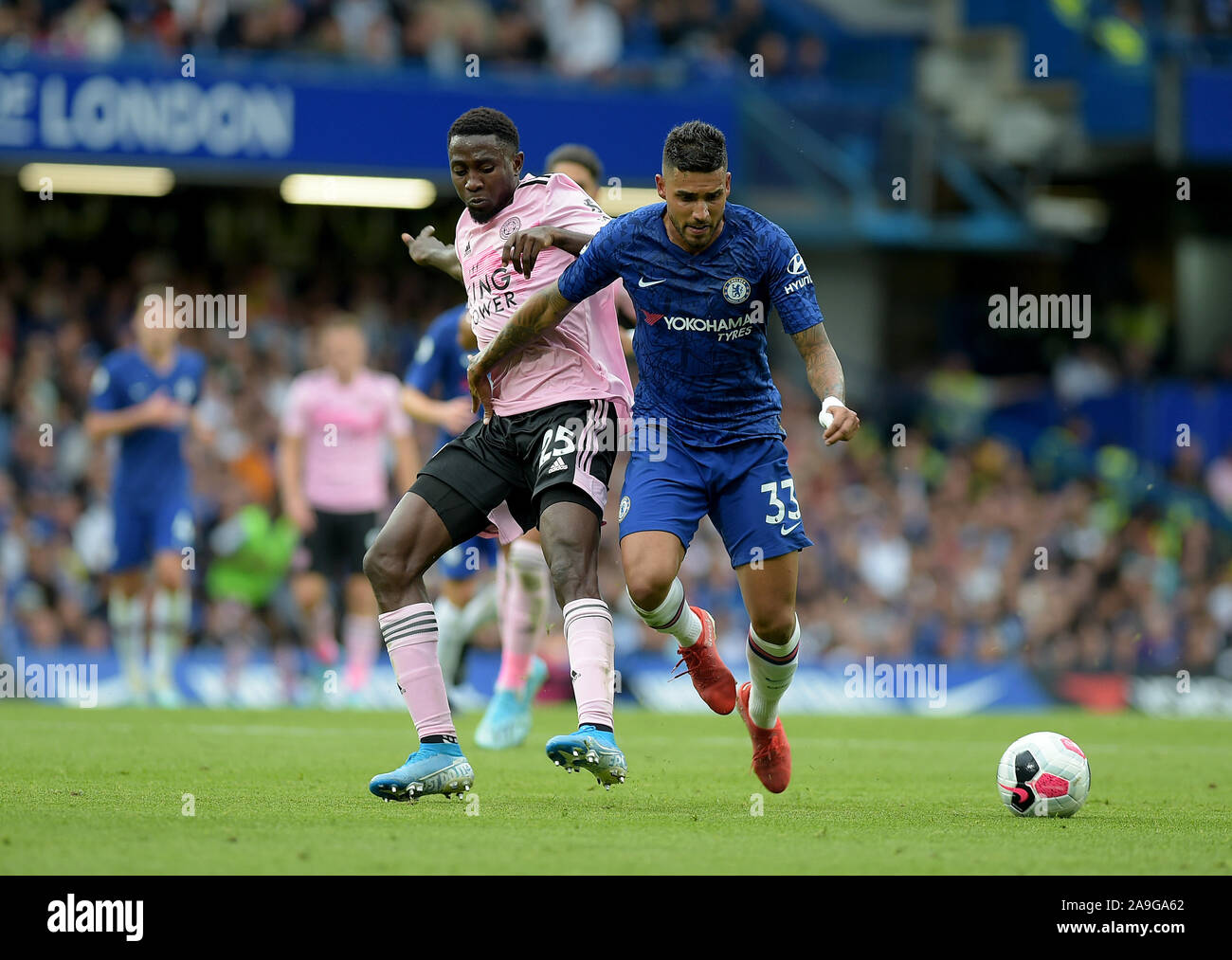 Emerson Palmieri of Chelsea clashes with Wilfred Ndidi of Leicester City during the Chelsea vs Leicester City Premier League match at Stamford Bridge Stock Photo