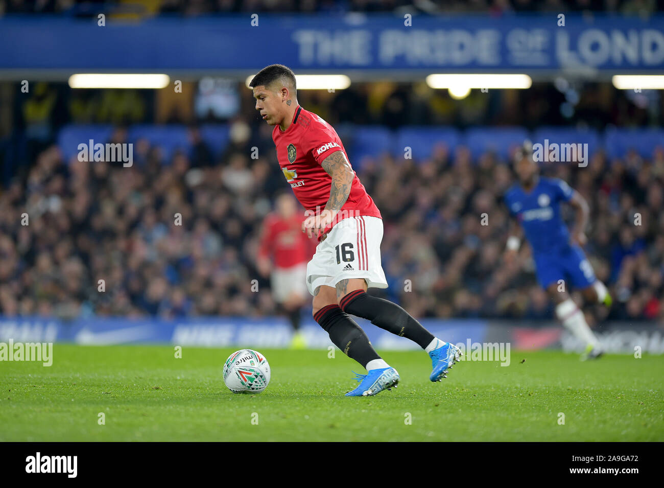 Marcos Rojo of Manchester Utd during the Chelsea vs Manchester United EFL Carabao Cup Round of 16 tie at Stamford Bridge -Editorial use only, license Stock Photo