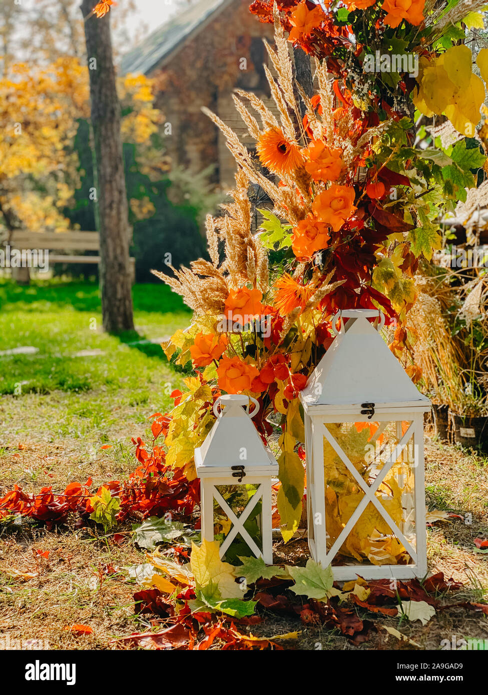 Part Of A Colorful Wedding Arch Of Autumn Leaves Flowers And Cereal Ears On The Background Of The Autumn Forest Closeup Stock Photo Alamy Part Of A Colorful Wedding Arch Of Autumn Leaves Flowers And Cereal Ears On The Background Of The Autumn Forest Closeup Stock Photo Alamy